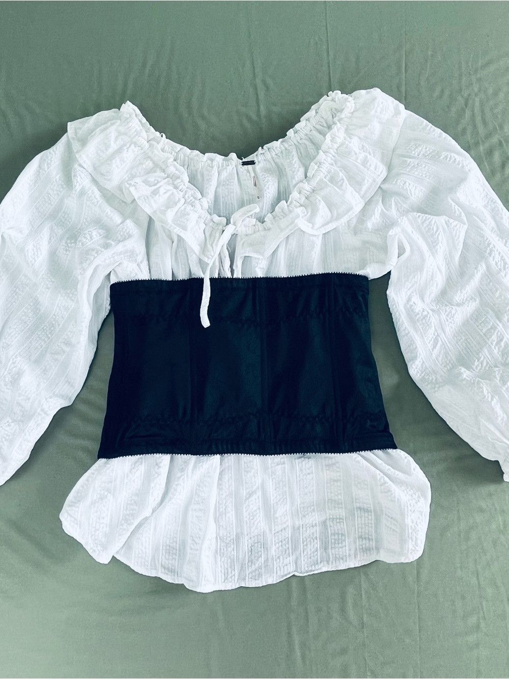 Free People White Off Shoulder
Peasant style Top/ Blouse & Black Corset Costume